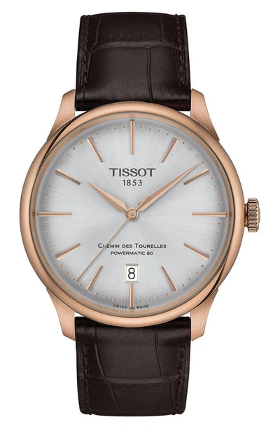 Tissot Chemin Des Tourelles Powermatic 80 Leather Strap Watch, 39mm In Silver/brown
