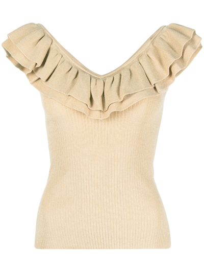 Zimmermann Ruffled Sleeveless Knit Top In Cream Gold