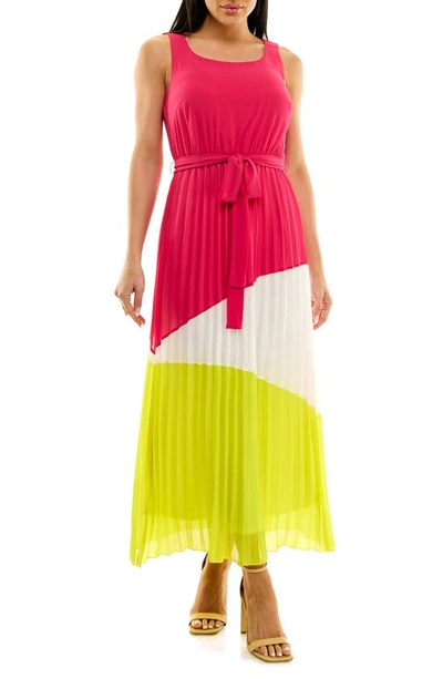 Nina Leonard Colorblock Pleated Chiffon Maxi Dress In Pink/ Ivory/ Chartreuse
