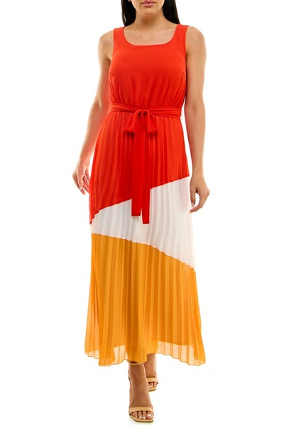 Nina Leonard Colorblock Pleated Chiffon Maxi Dress In Hot Orange Multi