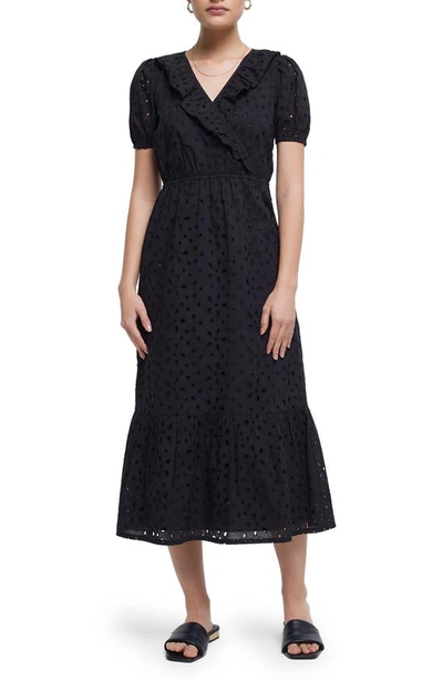 River Island Short Sleeve Faux Wrap Broderie Anglaise Cotton Dress In Black