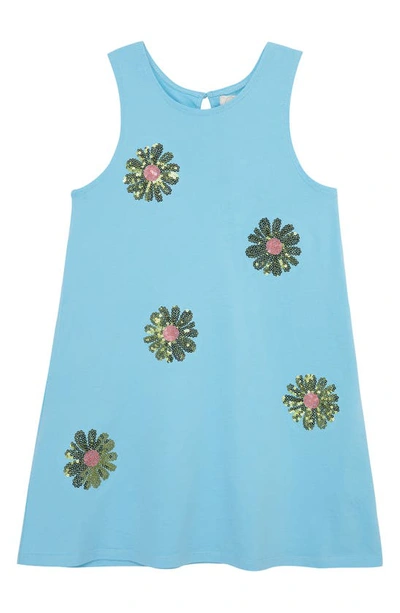 Peek Aren't You Curious Kids' Sequin Daisy Cotton Shift Dress In Light Blue