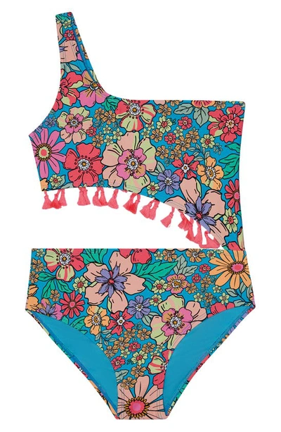 Beach Lingo Kids' Mod Blossom Floral One-shoulder One-piece Swimsuit In Multi