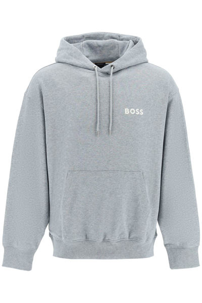 Hugo Boss Boss Rubberized Logo Detail Hoodie In Grey