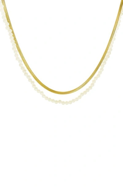 Panacea Imitation Pearl & Herringbone Chain Layered Necklace In White