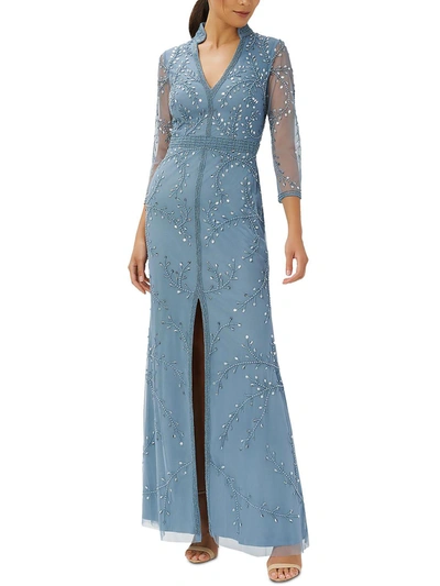 Adrianna Papell Womens Embellished Sheer Sleeve Evening Dress In Blue
