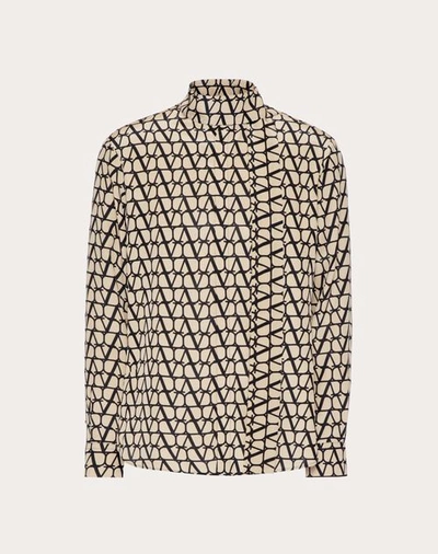 Valentino Silk Shirt With Neck Tie And All-over Toile Iconographe Print In Beige/black