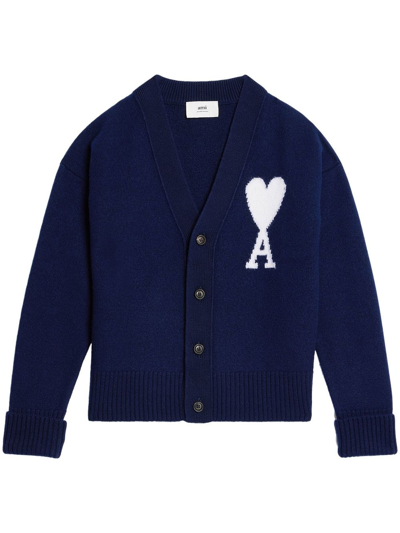 Ami Alexandre Mattiussi Logo-intarsia Wool Cardigan In Blue