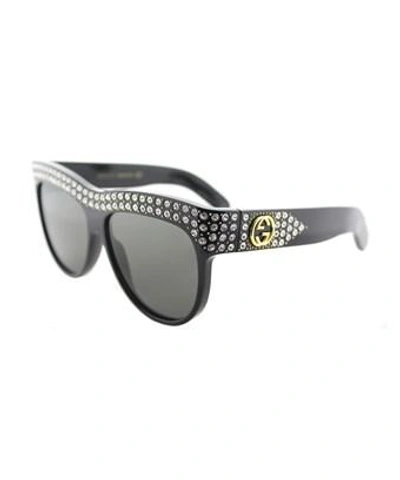 Gucci Gg0147s 001 Shiny Black With Crystals Fashion Sunglasses In Black/ Grey
