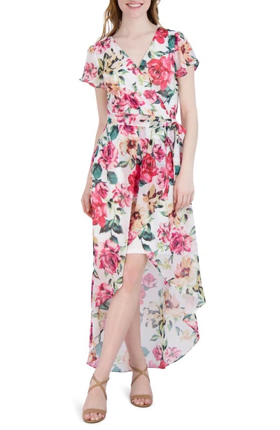 Julia Jordan Floral High-low Faux Wrap Dress In Ivory Multi