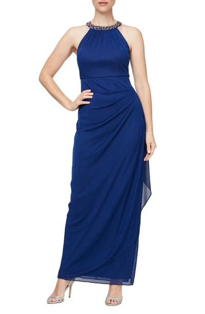 Alex Evenings Embellished Ruched Column Gown In Electric/ Blue