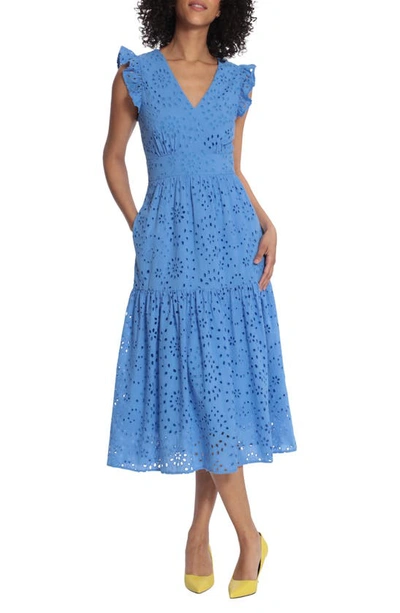 Maggy London Cotton Eyelet Tiered Midi Dress In Blue