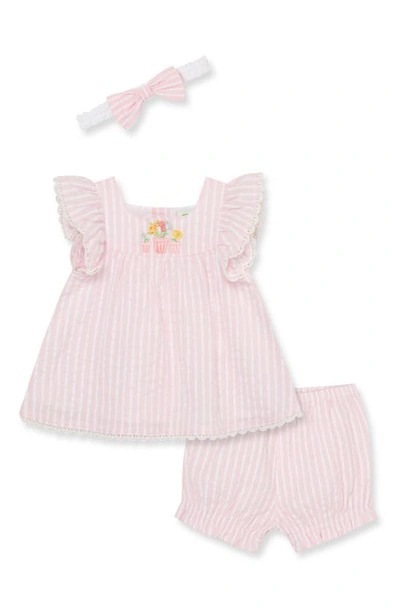 Little Me Babies' Garden Stripe Cotton Head Wrap, Flutter Sleeve Top & Shorts Set In Pink