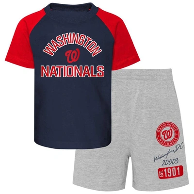 Outerstuff Kids' Toddler Navy/heather Gray Washington Nationals Two-piece Groundout Baller Raglan T-shirt & Shorts Se