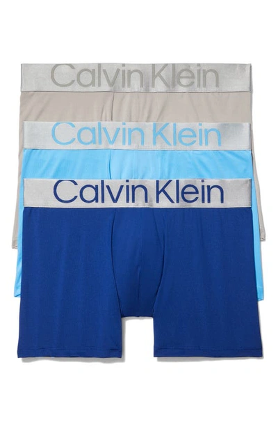 Calvin Klein Reconsidered Steel 3-pack Stretch Boxer Briefs In Blue/ Grey