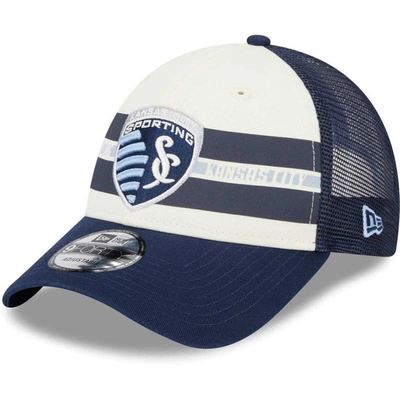 New Era Men's  White, Navy Sporting Kansas City Team Stripes 9forty Trucker Snapback Hat In White,navy
