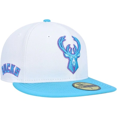 New Era White Milwaukee Bucks Vice Blue Side Patch 59fifty Fitted Hat