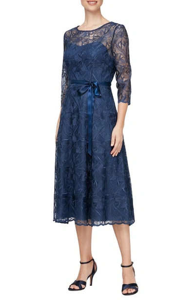 Alex Evenings Embroidered Cocktail Dress In Bright Navy