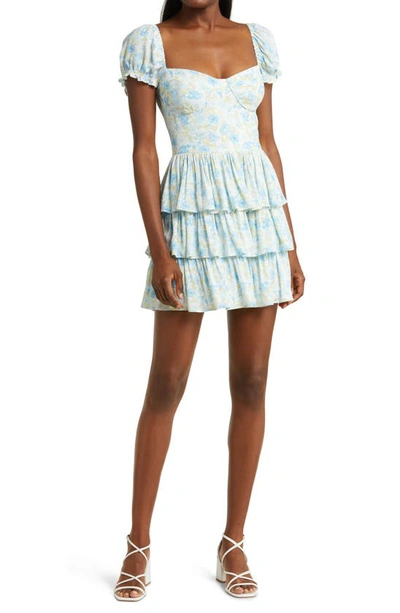 Wayf Floral Corset Tiered Dress In Blue Mini Roses
