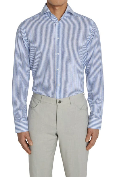 Jack Victor Thornhill Contemporary Fit Stripe Linen & Cotton Button-up Shirt In Blue / White