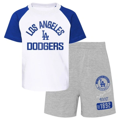 Outerstuff Babies' Little Boys And Girls Los Angeles Dodgers White, Heather Gray Groundout Baller Raglan T-shirt And Sh In White,heather Gray