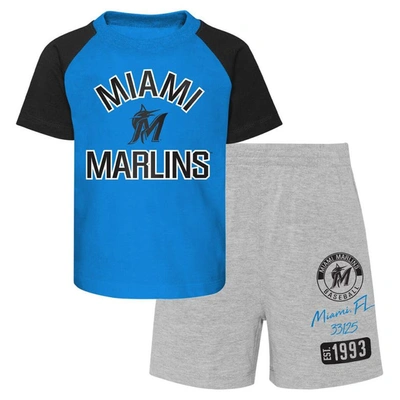 Outerstuff Babies' Infant Boys And Girls Blue, Heather Gray Miami Marlins Ground Out Baller Raglan T-shirt And Shorts S In Blue,heather Gray
