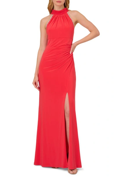 Adrianna Papell Jersey & Chiffon Halter Gown In Red Hibiscus