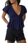 Free People Smocked Open Back Peplum Cotton Top In Blue