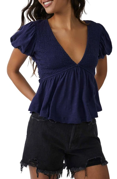 Free People Smocked Open Back Peplum Cotton Top In Blue
