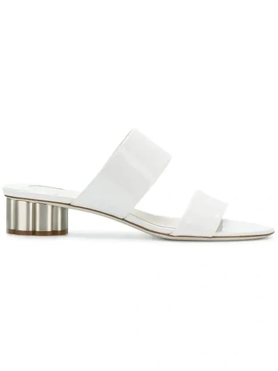 Ferragamo Women's Patent Leather Low Scalloped Heel Slide Sandals In New Bianco White Patent Leather/silver