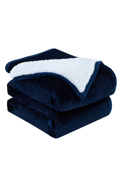 Southshore Fine Linens Microfleece Faux Shearling Lined Reversible Throw Blanket In Navy Blue