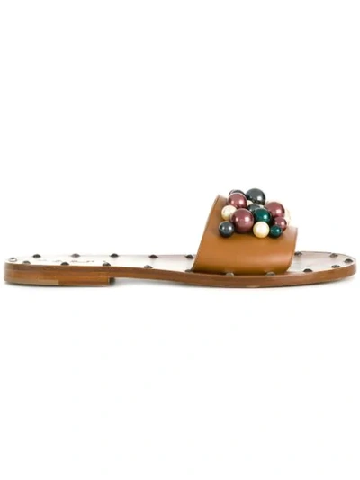 Marni Faux Pearl-embellished Leather Sliders In Brown