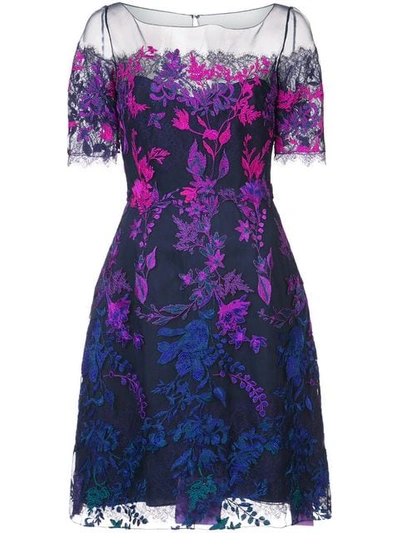 Marchesa Notte Navy Blue Short Sleeve Ombre Floral Embroidered Dress In Purple