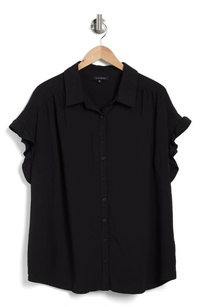 Pleione Crinkle Short Sleeve Ruffle Camp Shirt In Black