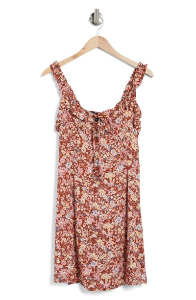 Angie Ruffle Floral Print Babydoll Minidress In Brown