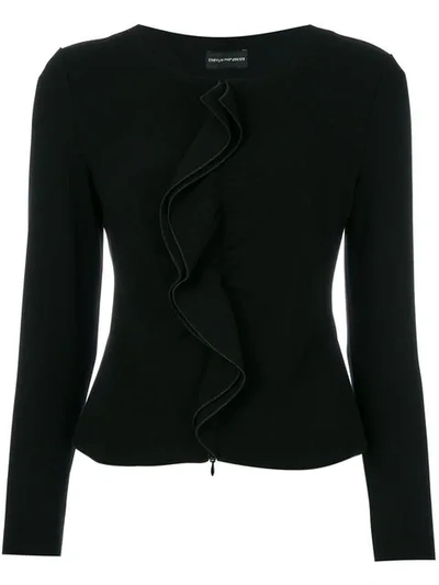 Emporio Armani Zip-front Knit Jacket With Ruffle Frill In Black