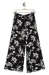 Ellen Tracy Palm Outline Smocked Crop Pants In Black/ Marshmallow Leaf