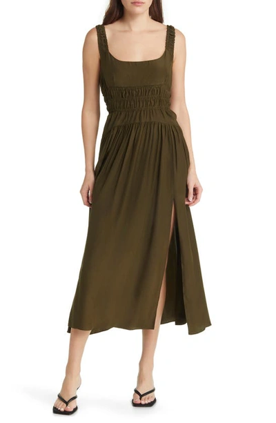 La Ligne Shirred Silk Midi Dress In Dark Olive