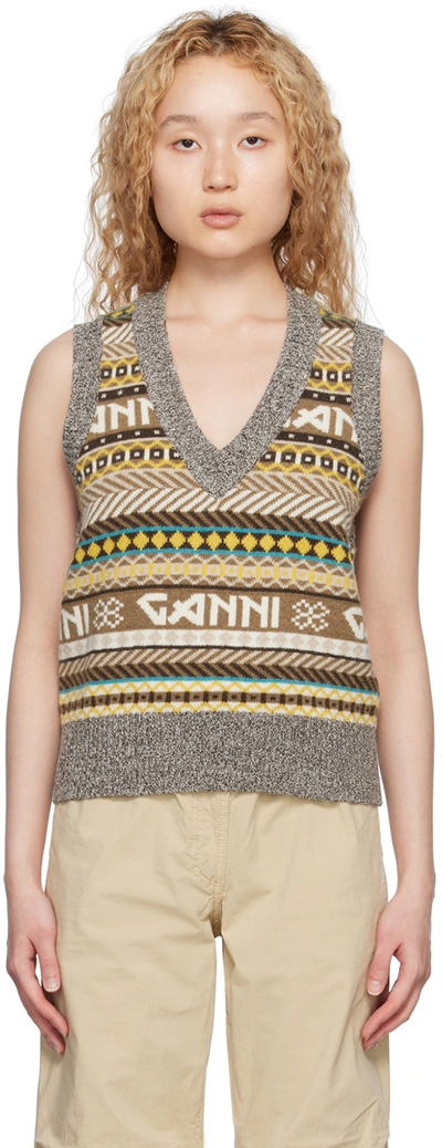 Ganni Logo Wool Mix Vest In Khaki