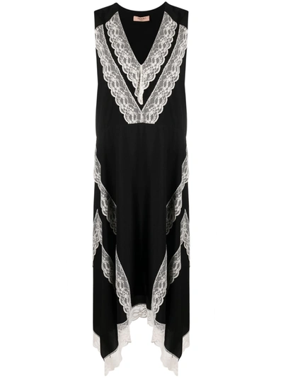 Twinset Chantilly-lace Georgette Midi Dress In Nero E Bianco