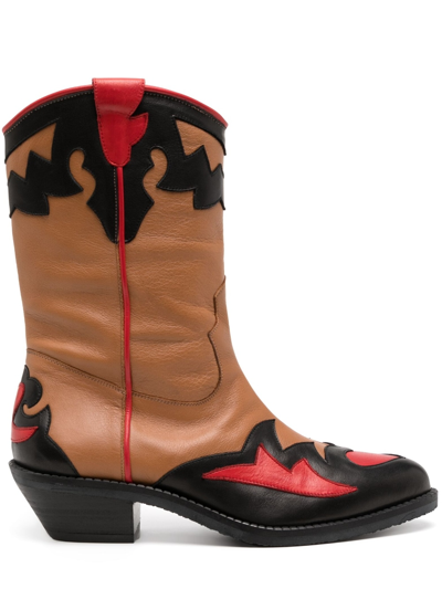 Molly Goddard Dora Leather Western Boots In Tan Black Red