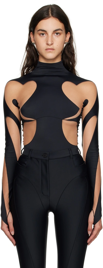 Mugler Jersey & Tulle High Neck Bodysuit In Black,nude 1