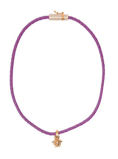 Versace Medusa Pendant Leather Necklace In Purple