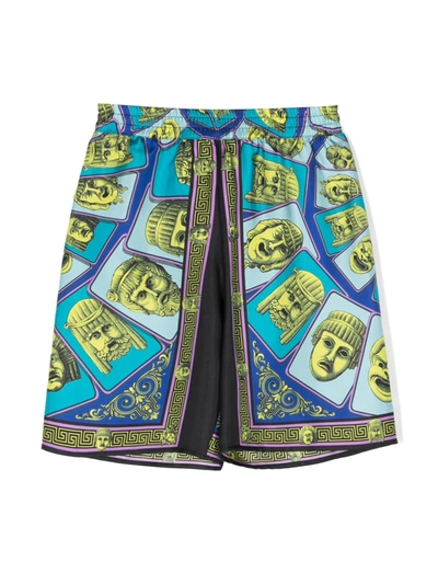 Versace Kids' Le Maschere 印花真丝短裤 In Green