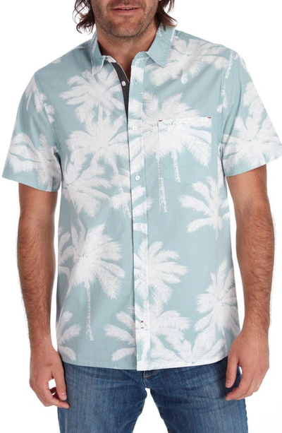 Px Palm Print Short Sleeve Button-up Peached Cotton Poplin Shirt In Seafoam