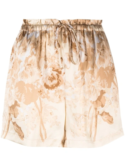 Gold Hawk Floral-print Silk Shorts In Beige