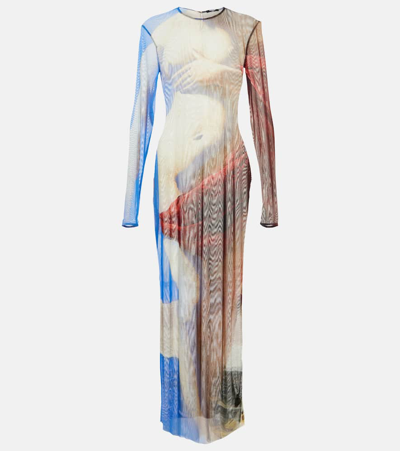 Balmain Trompe-l'oeil Printed Tulle Maxi Dress In Bleu Clair Beige Moyen Rouge