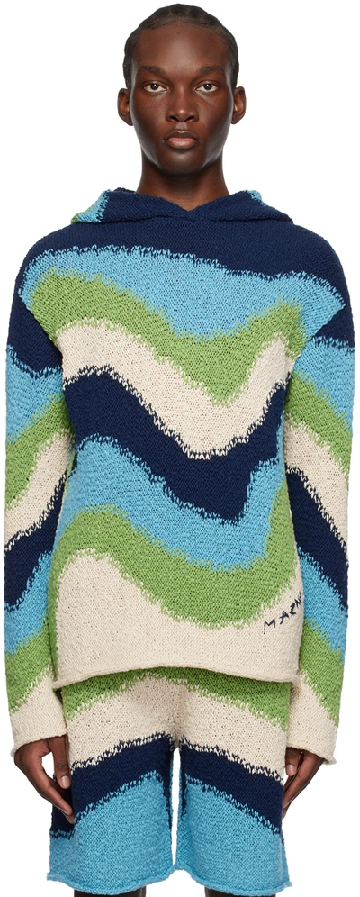 Marni Crochet-knit Long-sleeve Hoodie In Blue