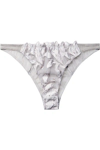 Fleur Du Mal Lily Lace Embroidered Satin And Stretch-tulle Briefs In Silver