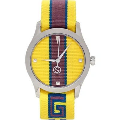 Gucci Striped Canvas And Stainless Steel Watch In Yellow